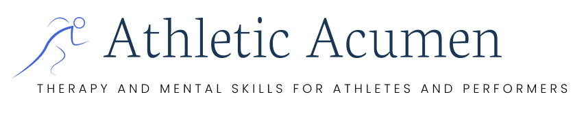 Logo for Athletic Acumen therapy practice. Abstract silhouette of a person running. Text in logo reads 'Athletic Acumen therapy for athletes and performers' in serif font.